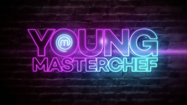 The Young MasterChef Logo - a vibrant image with purple and blue neon text, showcasing the title "Young MasterChef." The letter O in "Young" is cleverly designed to incorporate the famous MasterChef logo, creating an eye-catching visual.